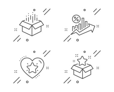 Sıralama yıldızı, Açık kutu ve Kredi yüzdesi satır simgeleri ayarlayın. Sadakat programı işareti. Aşk sıralaması, Teslimat paketi, Büyüme grafiği. Bonus yıldızı. Teknoloji seti. Satır sıralaması yıldız anahat simgesi. Vektör