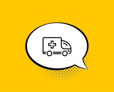 Ambulans acil araba hattı simgesi. Komik konuşma balonu. Hastane ulaşım araç işareti. Tıbbi sembol. Sohbet balonu ile sarı arka plan. Ambulans acil durum simgesi. Renkli afiş. Vektör