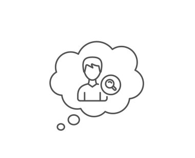 Kullanıcı satırı simgesini ara. Sohbet kabarcık tasarımı. Büyüteç işareti ile Profil Avatar. Erkek Kişi siluet sembolü. Anahat kavramı. İnce çizgi arama kişiler simgesi. Vektör