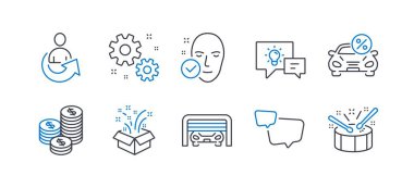 Madeni Paralar, İş, Konuşma balonu, Fikir lambası, Hediye, Otopark, Paylaş, Sağlık cilt, Araba kiralama, Davul hattı simgeleri gibi İş simgeleri kümesi. Nakit para, Ayarlar. Çizgi paraları simgesi. Vektör