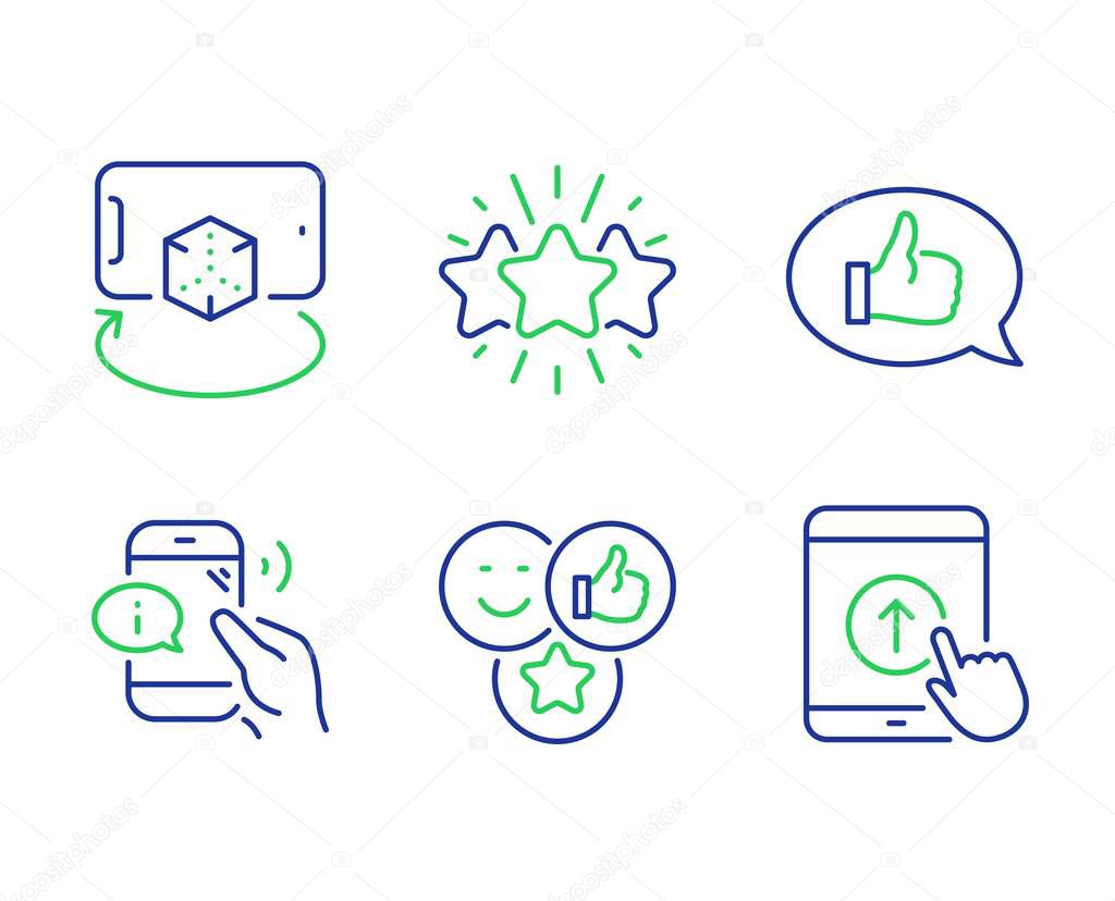 Augmented reality, Feedback and Star line icons set. Call center, Like and Swipe up signs. Phone simulation, Speech bubble, Customer feedback. Phone support. Technology set. Vector