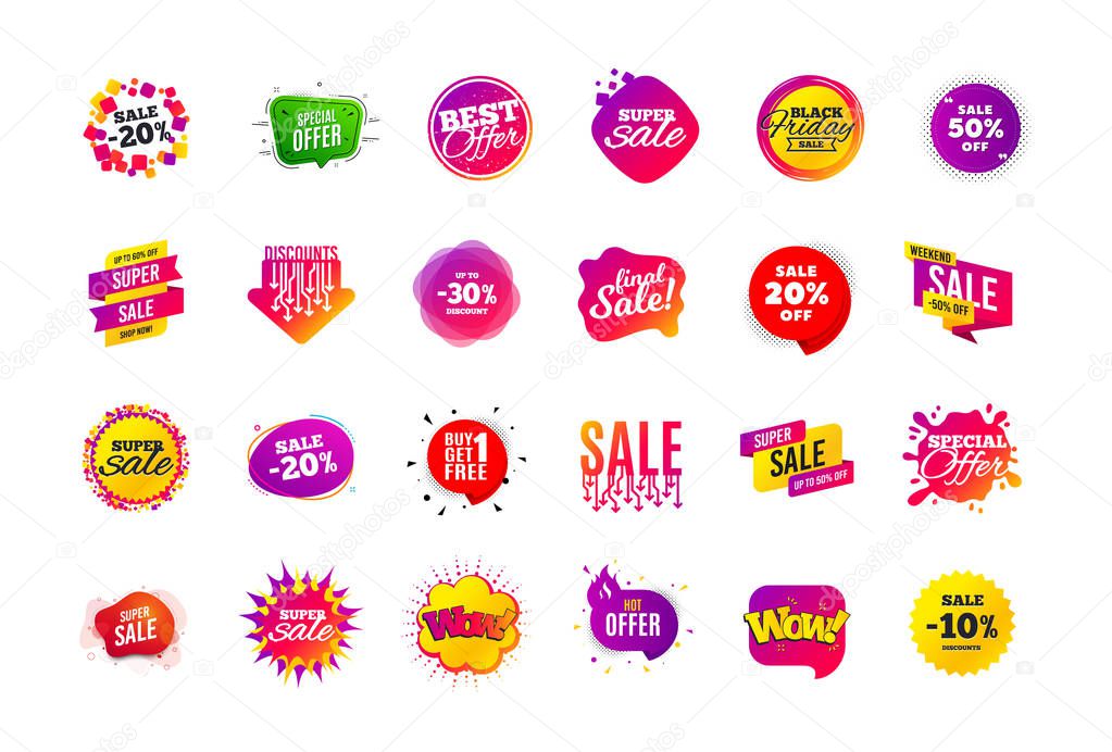 Sale banner badge. Special offer discount tags. Coupon shape templates design. Cyber monday sale discounts. Black friday shopping icons. Best ultimate offer badge. Super discount icons. Vector banners