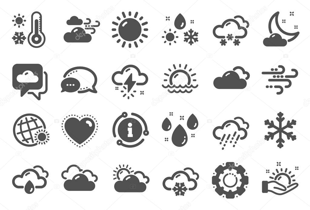 Weather and forecast icons. Cloudy sky, winter snowflake, thermometer. Moon night, rain and sunset icons. Weather temperature, meteorology forecast and wind, thunder bolt. Quality set. Vector