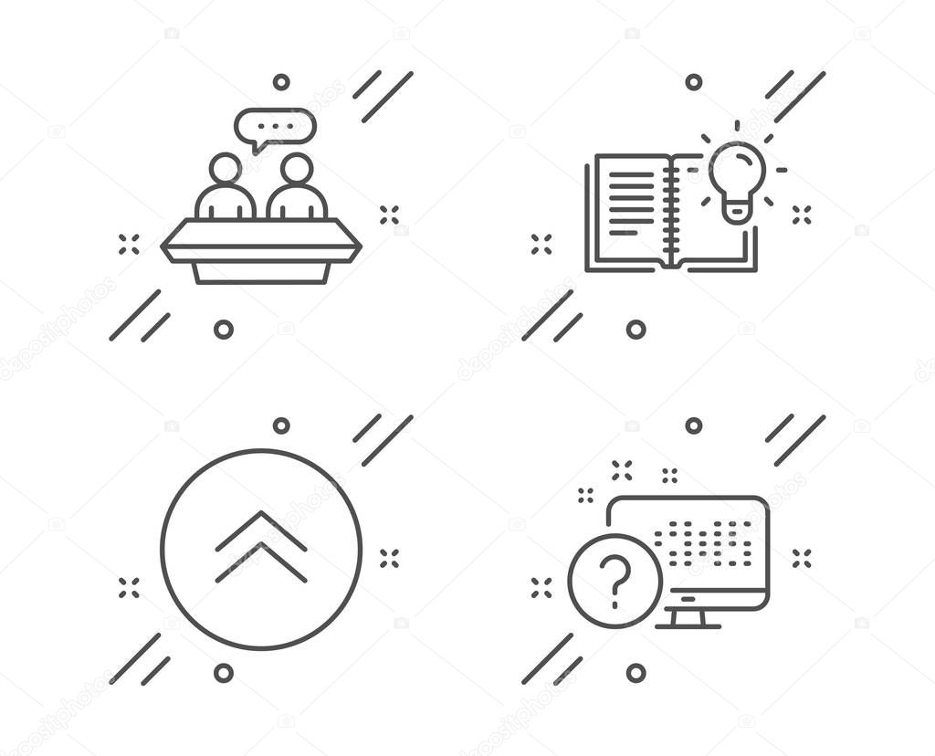 Product knowledge, Swipe up and Employees talk line icons set. Online quiz sign. Education process, Scroll screen, Collaboration. Web support. Science set. Line product knowledge outline icon. Vector