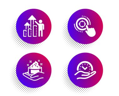 Çalışan sonuçları, cilt bakımı ve Seo hedef simgeleri. Güvenli zaman işareti. Çizelge, el kremi, nişan al. Yönetimden. Vektör