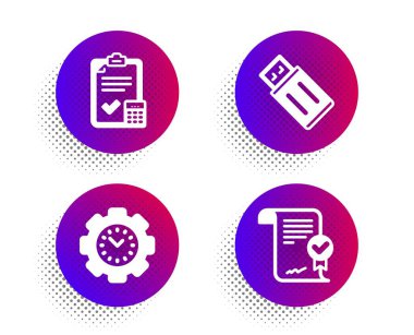 Zaman yönetimi, Usb flash ve Muhasebe denetim listesi simgeleri ayarlayın. Onaylı anlaşma işareti. Vektör