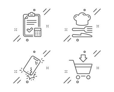 Akıllı telefon kırık, Gıda ve Muhasebe kontrol listesi simgeleri ayarlayın. Online pazar işareti. Vektör