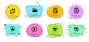 Enerji, Rfp ve Sunny hava simgeleri ayarlayın. Yolculuk yolu, Kimya deneyi ve Kalp Atışı işaretleri. Vektör