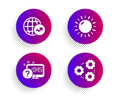 Güneş enerjisi, Online test ve Dünya istatistikleri simgeleri ayarlayın. Dişliler işareti. Güneş enerjisi, Web desteği, Küresel rapor. Vektör