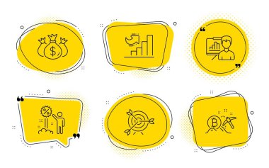 Hedef, Yatırım ve Büyüme grafik simgeleri ayarlayın denetleyin. İndirim, Sunum tahtası ve Bitcoin madencilik işaretleri. Vektör