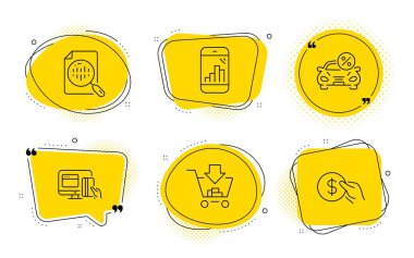 Alışveriş, Araç kiralama ve Online ödeme simgeleri ayarlayın. Grafik telefon, Analytics grafiği ve Ödeme işaretleri. Vektör