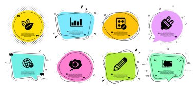 Kalem, Bilgisayar ve Organik ürün simgeleri ayarlayın. Saat dilimi, Rapor diyagramı ve Kurtarma veri işaretleri. Vektör