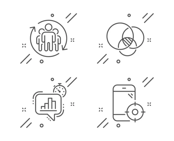 Set di icone del timer delle statistiche, del lavoro di squadra e del diagramma di Eulero. Cartello telefonico Seo. Vettore — Vettoriale Stock