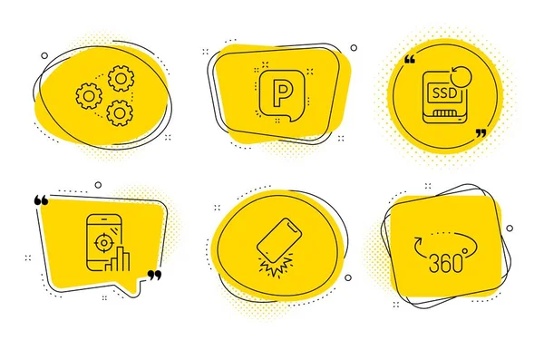 Parking, Gears and Recovery ssd icons set. Smartphone broken, Seo phone and 360 degrees signs. Vector — Stock Vector