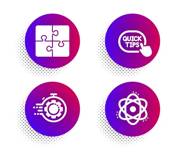 Puzzle, Seo timer and Quick tips icons set. Atom sign. Engineering strategy, Cogwheel, Helpful tricks. Vector — Stock Vector