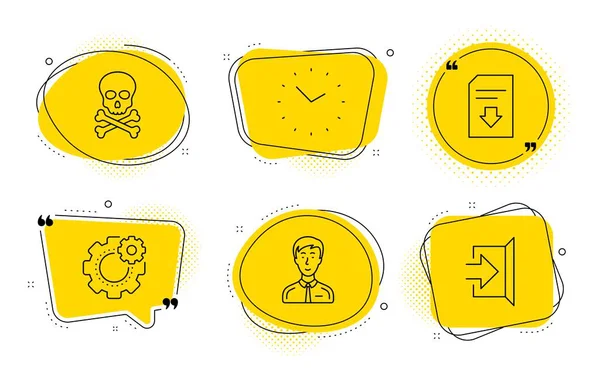 Download file, Cogwheel and Time icons set. Businessman person, Chemical hazard and Exit signs. Vector — Stock Vector