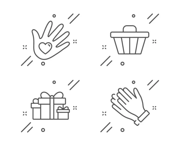 Wakacje prezenty, sklep koszyk i odpowiedzialność społeczna zestaw ikon. Klaskanie ręce znak. Wektor — Wektor stockowy