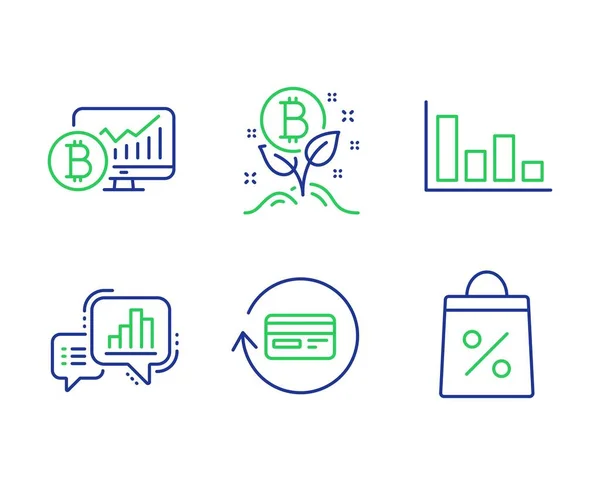 Återbetalning provision, Bitcoin projekt och Bitcoin diagram ikoner set. Diagram diagram, histogram och shopping väska skyltar. Vektor — Stock vektor