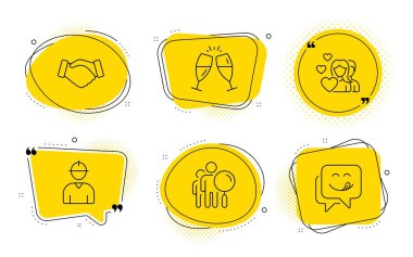 Couple, Engineer and Champagne glasses icons set. Search people, Handshake and Yummy smile signs. Vector clipart