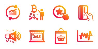 Sadakat yıldızı, Satış megafon ve Ödeme kartı simgeleri ayarlayın. Verileri, Bitcoin projesini ve Satış işaretlerini güncelleştirin. Vektör