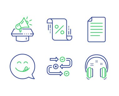 Anket ilerleme, Megafon ve Kredi yüzde simgeleri ayarlayın. Dosya, Nefis gülümseme ve Kulaklık işaretleri. Vektör