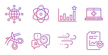 Atom, Zaman yönetimi ve Etkinlik simgeleri ayarlayın. Tıbbi yardım, Rüzgarlı hava ve Uluslararası küre işaretleri. Vektör