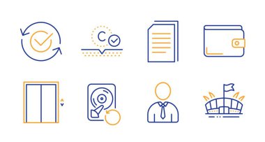 Kollajen cilt, Onaylı ve İnsan simgeleri ayarlayın. Asansör, Para cüzdan ve Kurtarma hdd işaretleri. Vektör