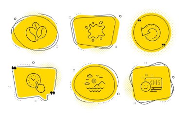 Kahve çekirdekleri, Zaman yönetimi ve Dirty spot simgeleri ayarlayın. Deniz dağları, Kurtarma verileri ve Gülümseme işaretleri. Vektör