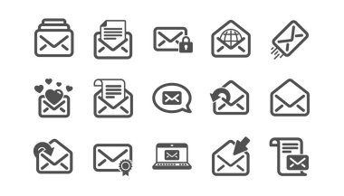 Posta iletisi simgeleri. Bülten, E-posta, Yazışma. Klasik simge seti. Vektör