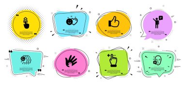 Çalışanların takım çalışması, Gülümseme ve Sosyal sorumluluk simgeleri ayarlanır. Yukarı kaydırın, Ajan ve Benzeri işaretler. Vektör