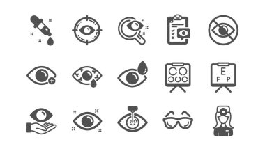 Optometri, göz doktoru simgeleri. Tıbbi lazer göz cerrahisi, gözlük ve gözlük. Klasik set. Vektör