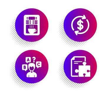 Kahve makinesi, Dolar değişimi ve Test test simgeleri ayarlayın. Strateji işareti. Çay makinesi, bankacılık oranları, röportaj. Vektör