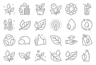 Bitkiler satır simgeleri. Yaprak seti, Büyüyen bitki ve Nem termometre simgeleri. Vektör