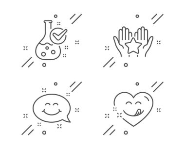 Kimya laboratuvarı, Sıralama ve Gülümseme sohbet simgeleri ayarlayın. Nefis bir gülümseme işareti. Laboratuvar şişesi, Hold star, Mutlu ifade. Vektör