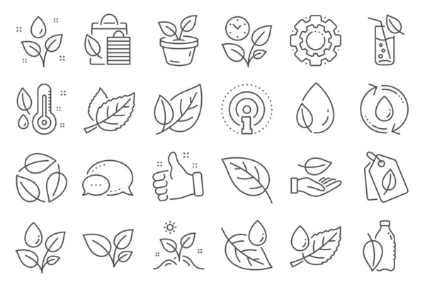 Planten lijn iconen. Set van blad, groeiende plant en vochtigheid thermometer iconen. Vector — Stockvector