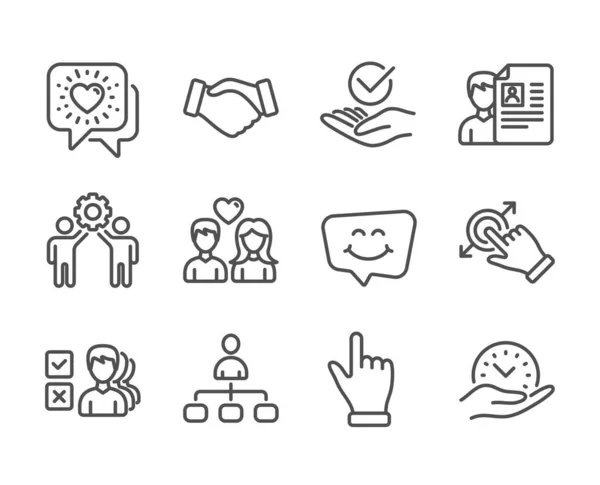Set de pictograme Persoane, cum ar fi timp sigur, chat zâmbet, Faceți clic pe mână. Vector — Vector de stoc