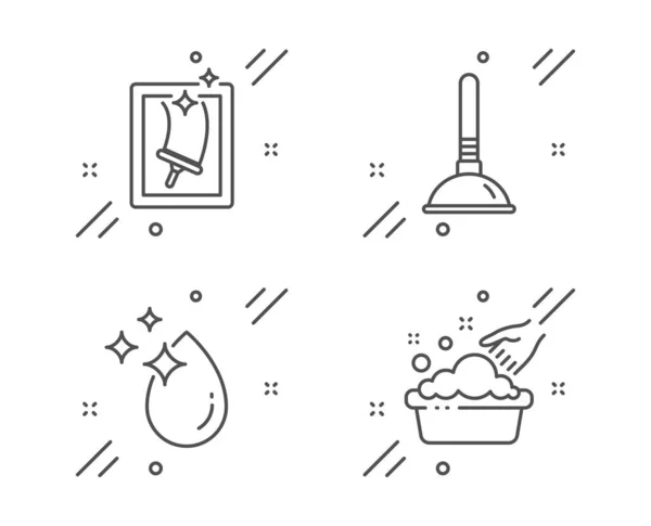 水滴，柱塞和窗口清洁图标设置。洗手标志。向量 — 图库矢量图片