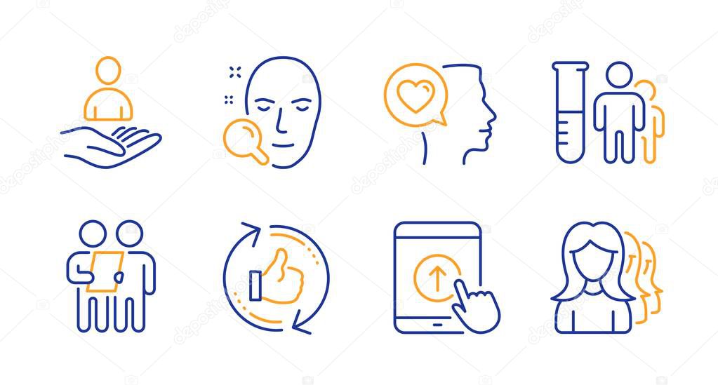 Swipe up, Medical analyzes and Romantic talk icons set. Refresh like, Face search and Recruitment signs. Vector