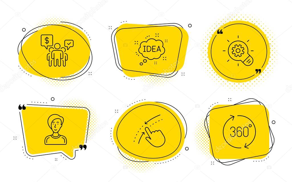Teamwork, Cogwheel and Idea icons set. Businesswoman person, Swipe up and 360 degrees signs. Vector