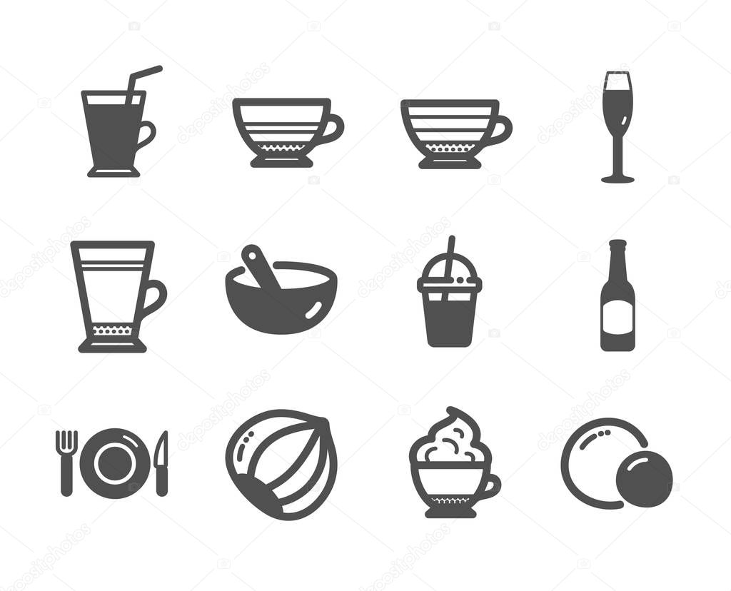 Set of Food and drink icons, such as Cappuccino, Coffee cocktail, Cooking mix. Vector