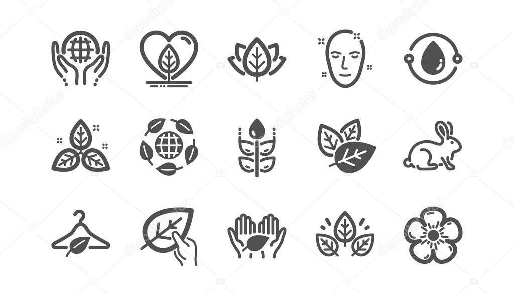 Organic cosmetics icons. Slow fashion, synthetic fragrance, fair trade. Sustainable textiles, animal testing, eco organic icons. Classic set. Quality set. Vector