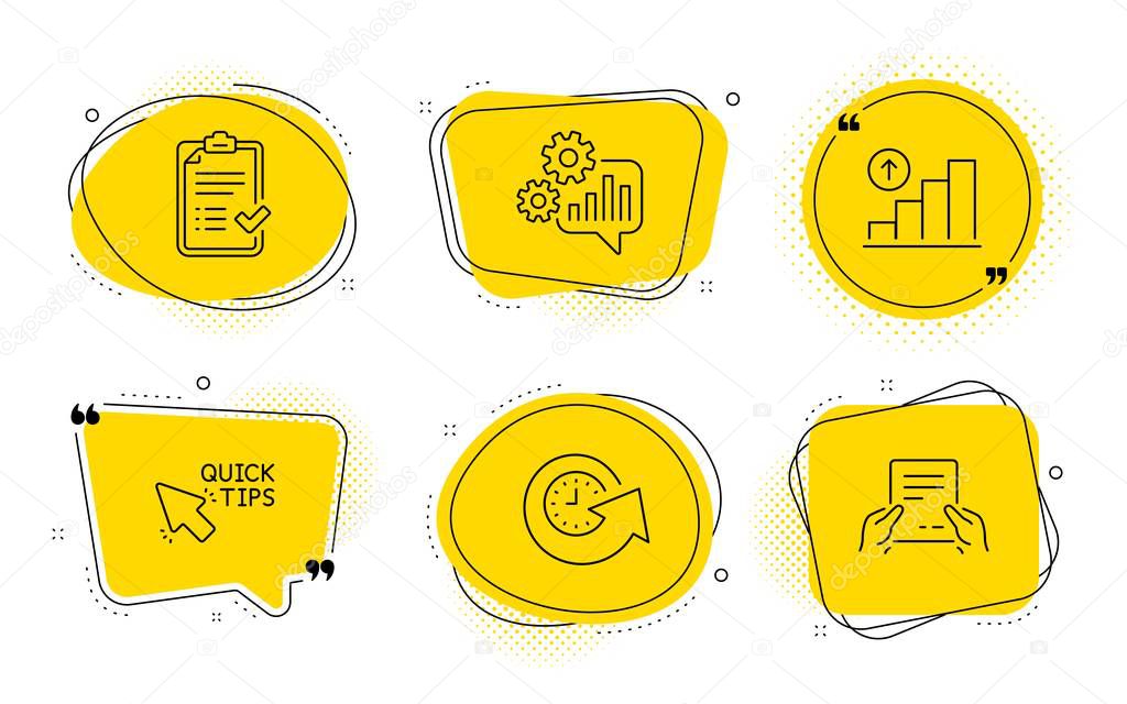 Graph chart, Update time and Approved checklist icons set. Cogwheel, Quick tips and Receive file signs. Vector