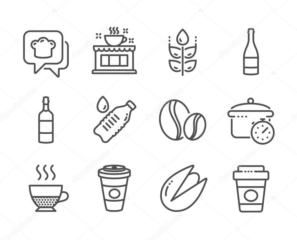 Set of Food and drink icons, such as Pistachio nut, Takeaway coffee, Coffee beans. Vector