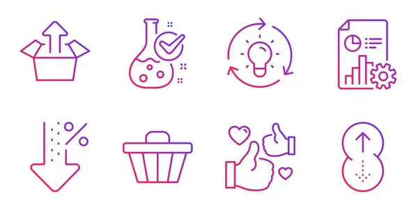 Enviar caja, igual y conjunto de iconos de Idea. Bajo por ciento, laboratorio de Química e informes. Carro de la tienda, Desliza hacia arriba símbolos. Vector — Vector de stock