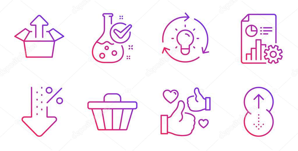 Send box, Like and Idea icons set. Low percent, Chemistry lab and Report signs. Shop cart, Swipe up symbols. Vector