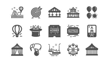Lunapark simgeleri. Atlıkarınca, Lunapark treni ve sirk. Klasik simge seti. Vektör