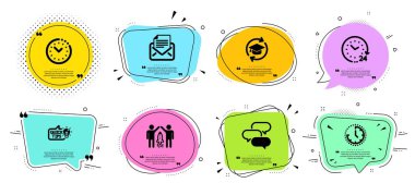 Konuşma balonu, Posta yazışmaları ve Eğitim fikir simgeleri ayarlayın. 24 saat, Ortaklık ve Zaman işaretleri. Vektör