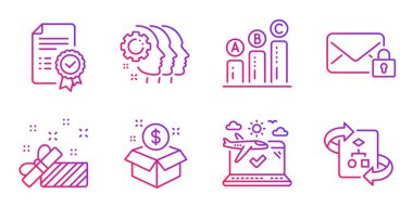 Grafik grafiği, Şimdiki Zaman ve Çalışanlar takım çalışması simgeleri ayarlanır. Sertifika, Güvenli posta ve Uçak seyahat işaretleri. Vektör