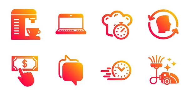 Notebook, Cooking zamanlayıcı ve Messenger simgeleri ayarlanır. Hızlı teslimat, Yüz kimliği ve Kahve makinesi işaretleri. Vektör — Stok Vektör