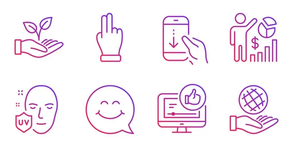 Som video, leende ansikte och hjälpande hand ikoner set. Klicka hand, SEO statistik och UV-skydd skyltar. Vektor — Stock vektor